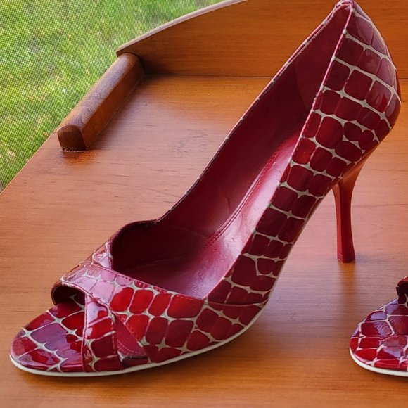 Enzo Open Toe Red Patent Leather Stiletto Heels - Picture 10 of 10